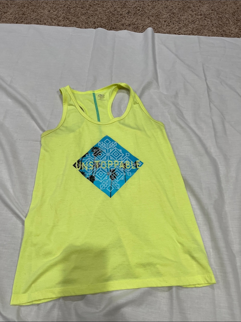 Athletic Works Neon Yellow Racerback Tank with Blue Geometric Graphic